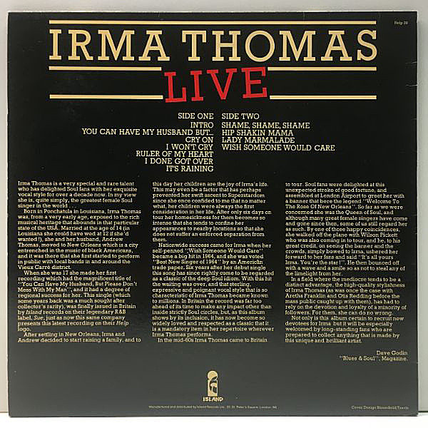 IRMA THOMAS / Live (LP) / Island | WAXPEND RECORDS