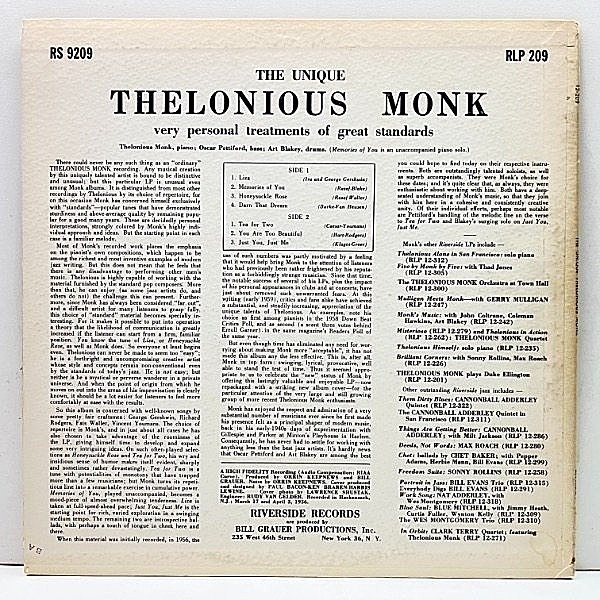 THELONIOUS MONK / The Unique (LP) / Riverside | WAXPEND RECORDS