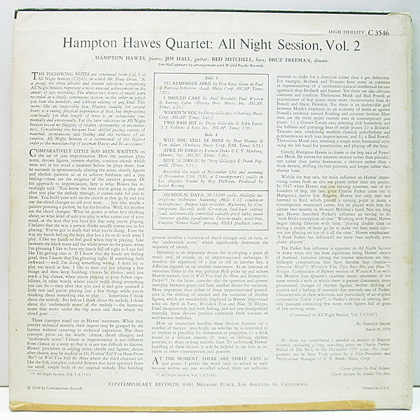 HAMPTON HAWES / All Night Session Vol. 2 (LP) / Contemporary | WAXPEND  RECORDS