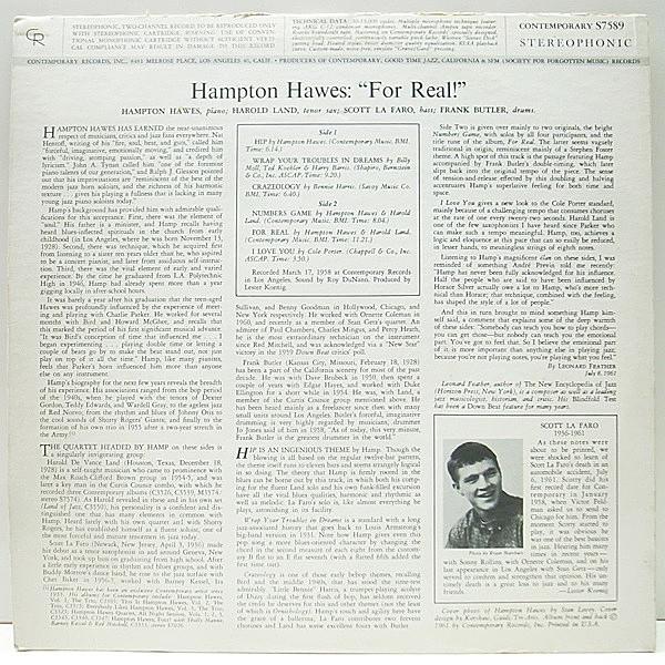 HAMPTON HAWES / For Real! (LP) / Contemporary | WAXPEND RECORDS