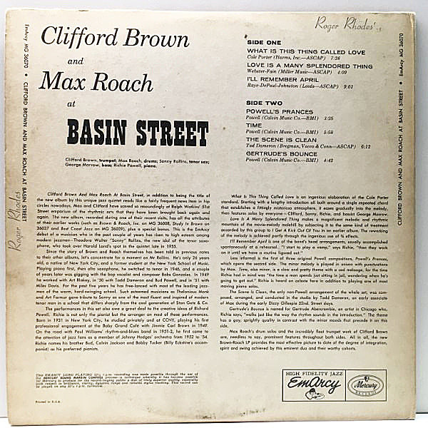 CLIFFORD BROWN / MAX ROACH / At Basin Street (LP) / EmArcy